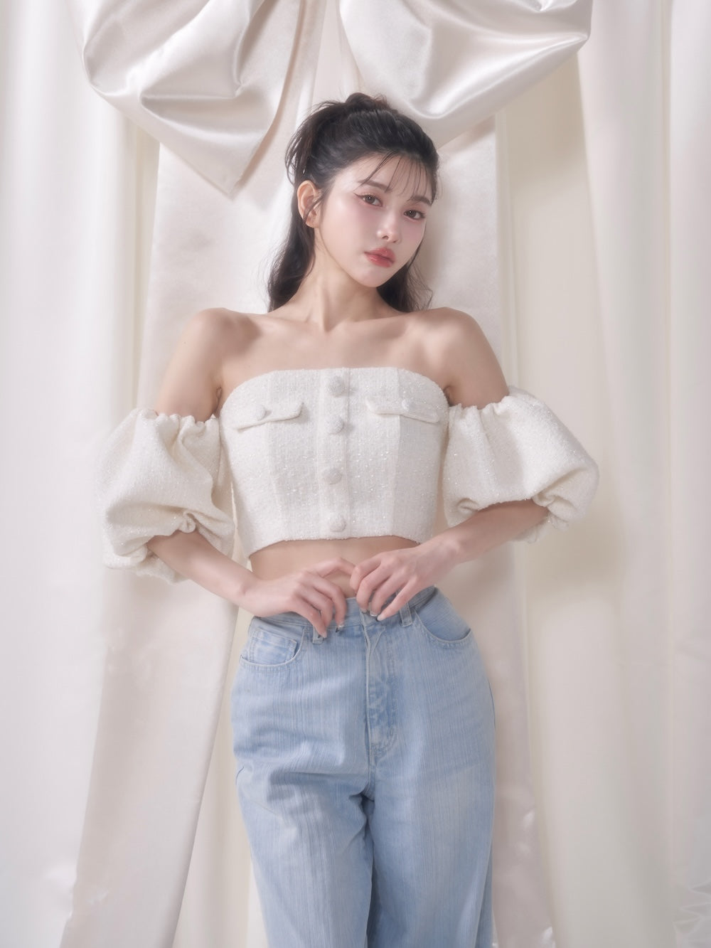 パフスリーブオフショルツイードトップス – Darich (ダーリッチ)