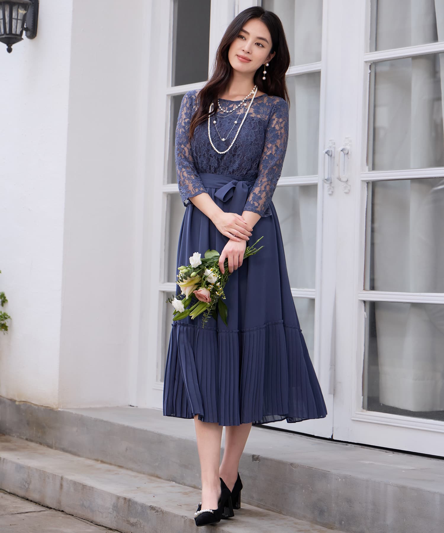 レース×プリーツのパーティーワンピースcy88665 コバルトブルー