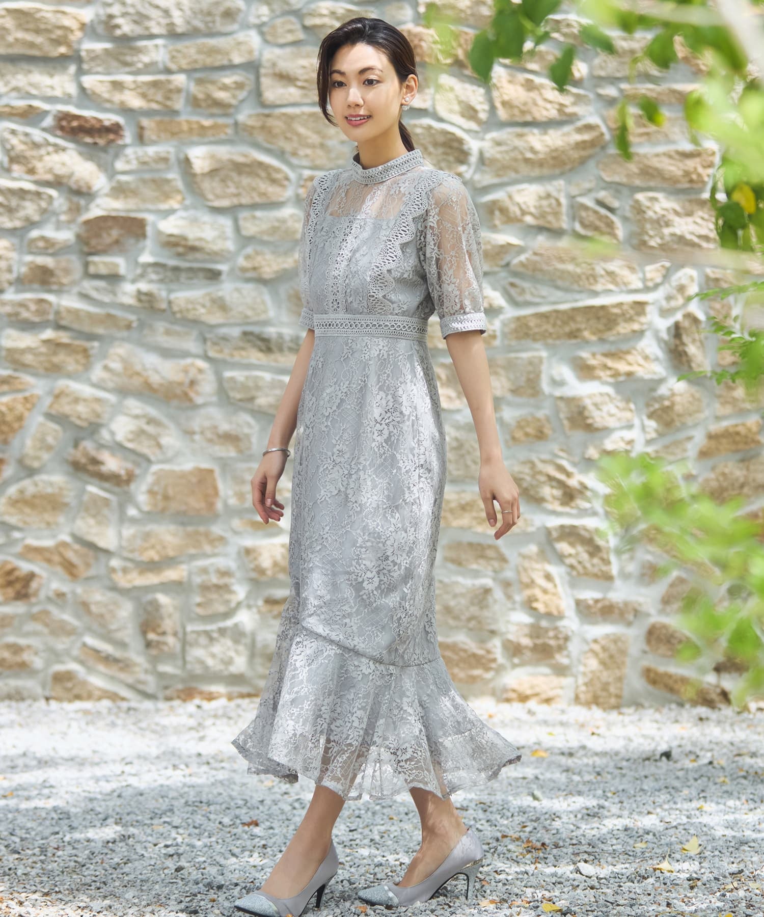 ワンピース ドレス レース タイト 結婚式 5分袖 ライトグレー – [公式