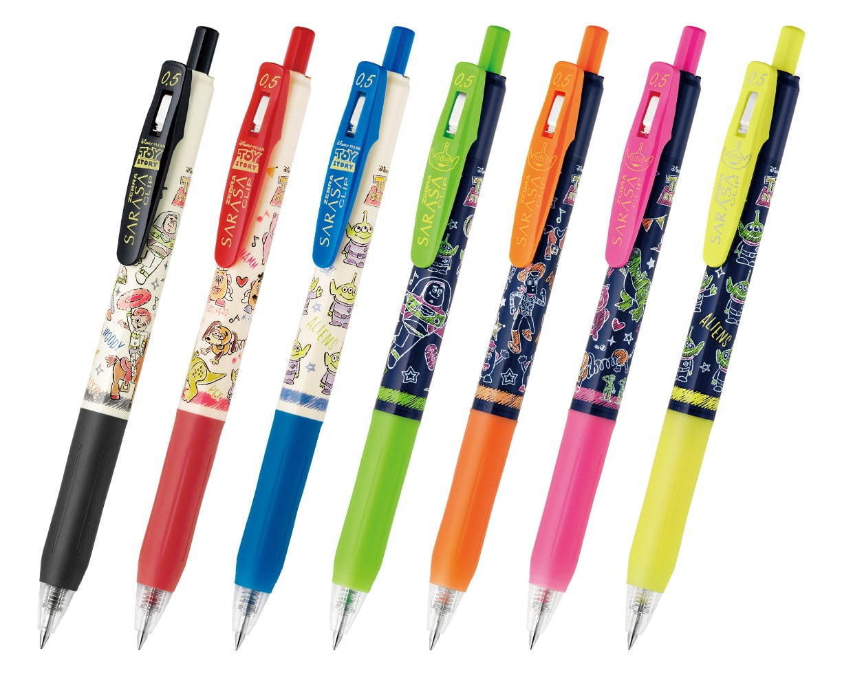 トイ・ストーリー」のボールペン、ウッディやエイリアンの手描き風