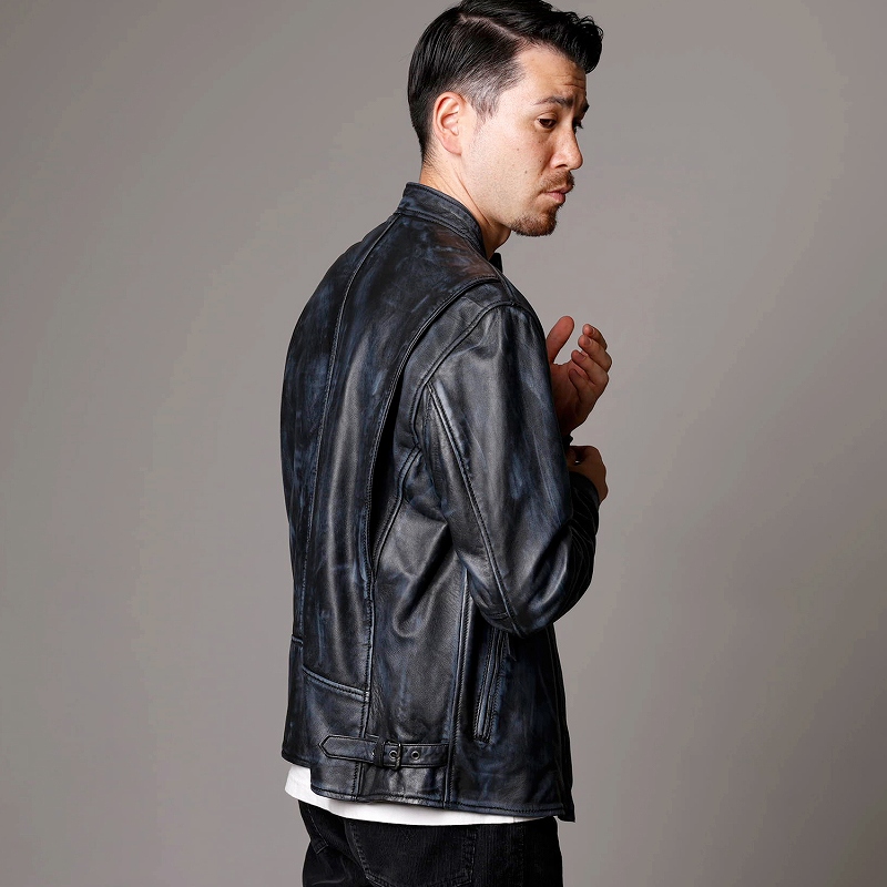 レザージャケット メンズ ダメージ風 ネイビー 紺色 本革 シングル