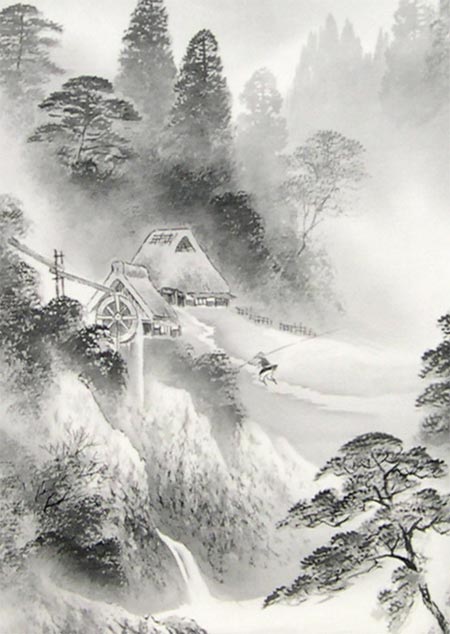 掛け軸 掛軸 山水画 水墨画 日本画 肉筆 絹本 絹絵 古美術 骨董 骨董品