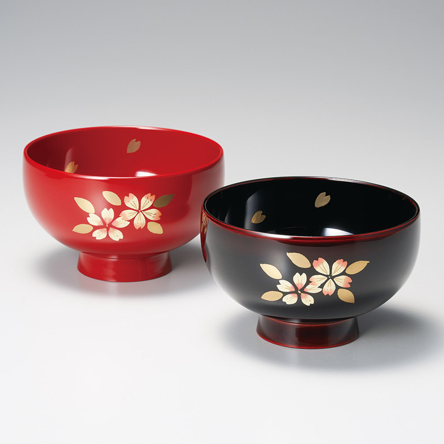 夫婦椀 桜二輪 まり型汁椀 溜内黒・朱 2客セット 漆塗り 漆器の井助