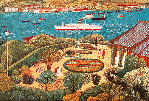 風景版画 青系 木製フレーム付き 山下清 クラバー邸 お値引きいたし