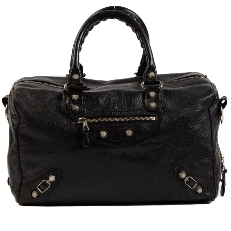 Balenciaga Black Arena Leather Giant Polly Boston Bag ○ Labellov