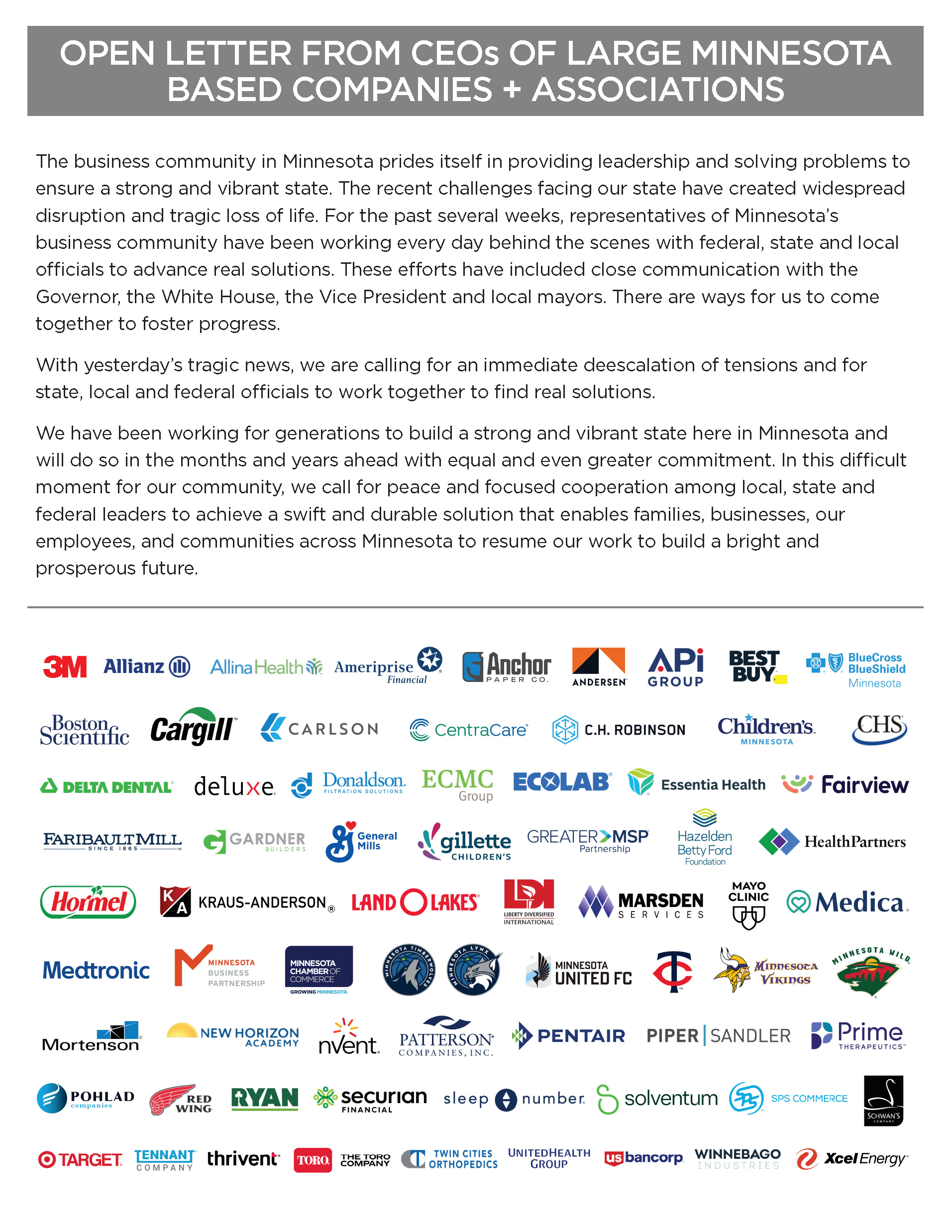 OPEN LETTER FROM CEOs OF LARGE MINNESOTA BASED COMPANIES +