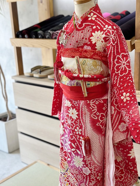 七五三 正絹絞り四つ身着物 絞り 刺繍 長襦袢セット 7歳用 七五三着物