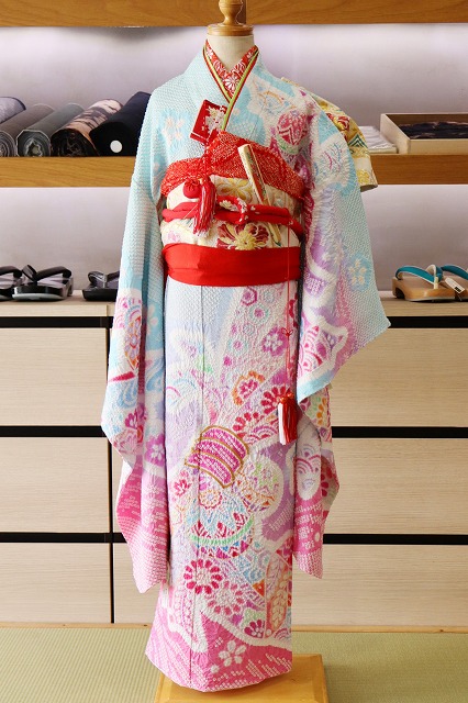 七五三 正絹絞り四つ身着物 絞り 刺繍 長襦袢セット 7歳用 七五三着物