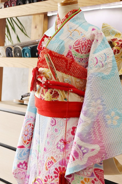 七五三 正絹絞り四つ身着物 絞り 刺繍 長襦袢セット 7歳用 七五三着物