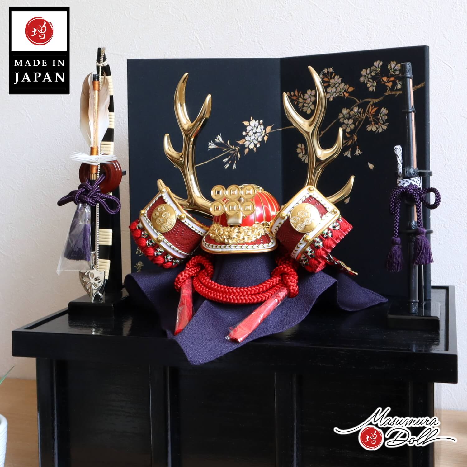 新作 京製 手描き桜 夜桜 屏風 真田幸村 六文銭 赤糸 兜 国産 黒木目塗