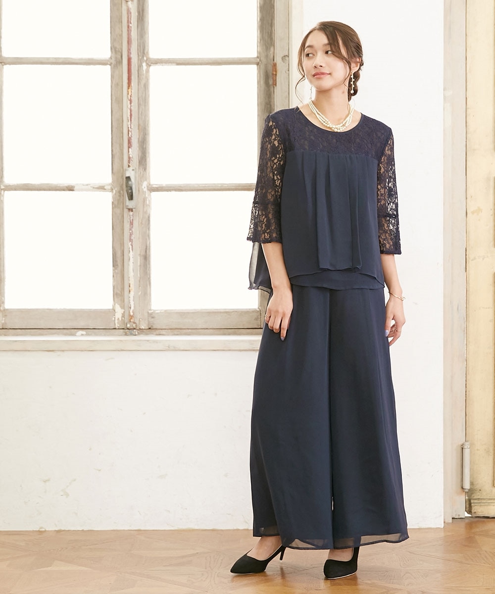 結婚式・パーティードレス】レース切替ブラウス+ワイドパンツ