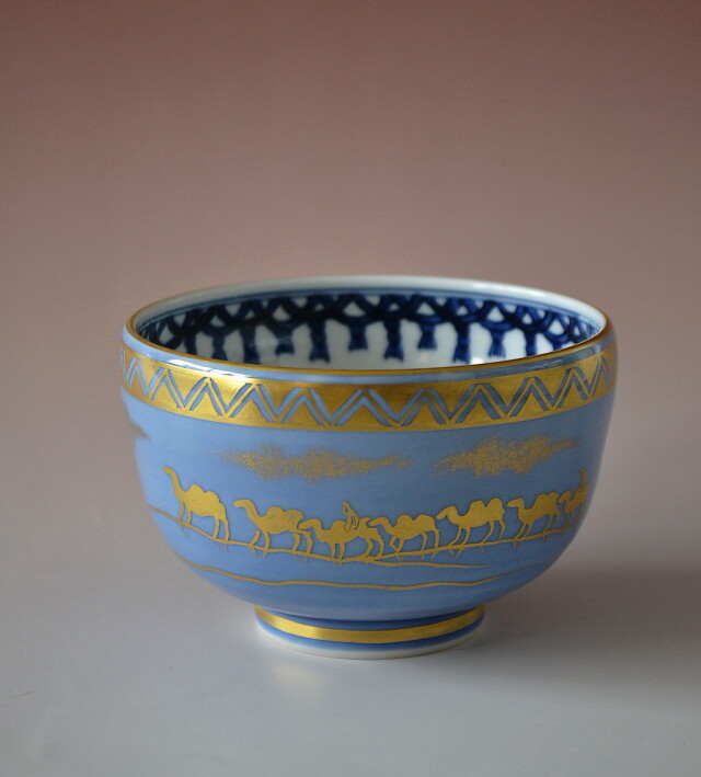 五山窯 林淡幽作 瑠璃金襴手鶴茶碗 五山窯 林淡幽作 瑠璃金襴手鶴茶碗