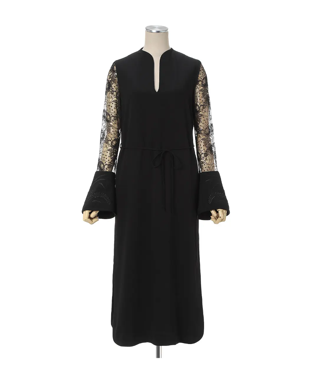 2サイズ】Acetate Polyester Floral Lace-Sleeve Dress - navy Mame