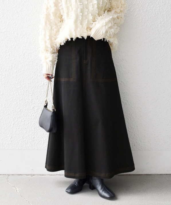 SHIPS any:〈洗濯機可能〉チノ ステッチ フレア ロング スカート