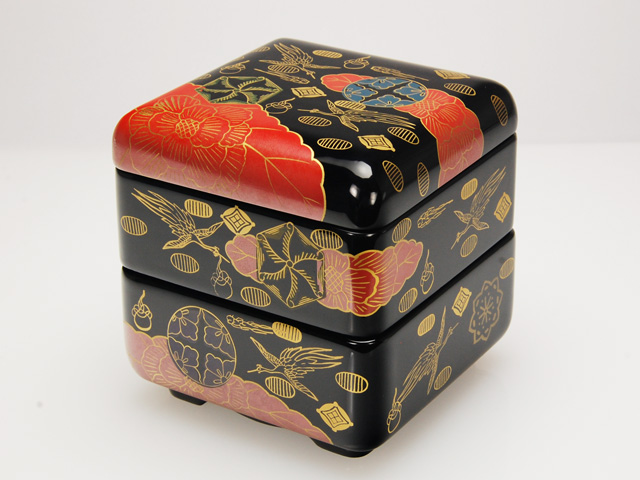 木製本漆塗 白木屋漆器店オンラインショップ＜黒＞4.0緑形二段小重 錦絵