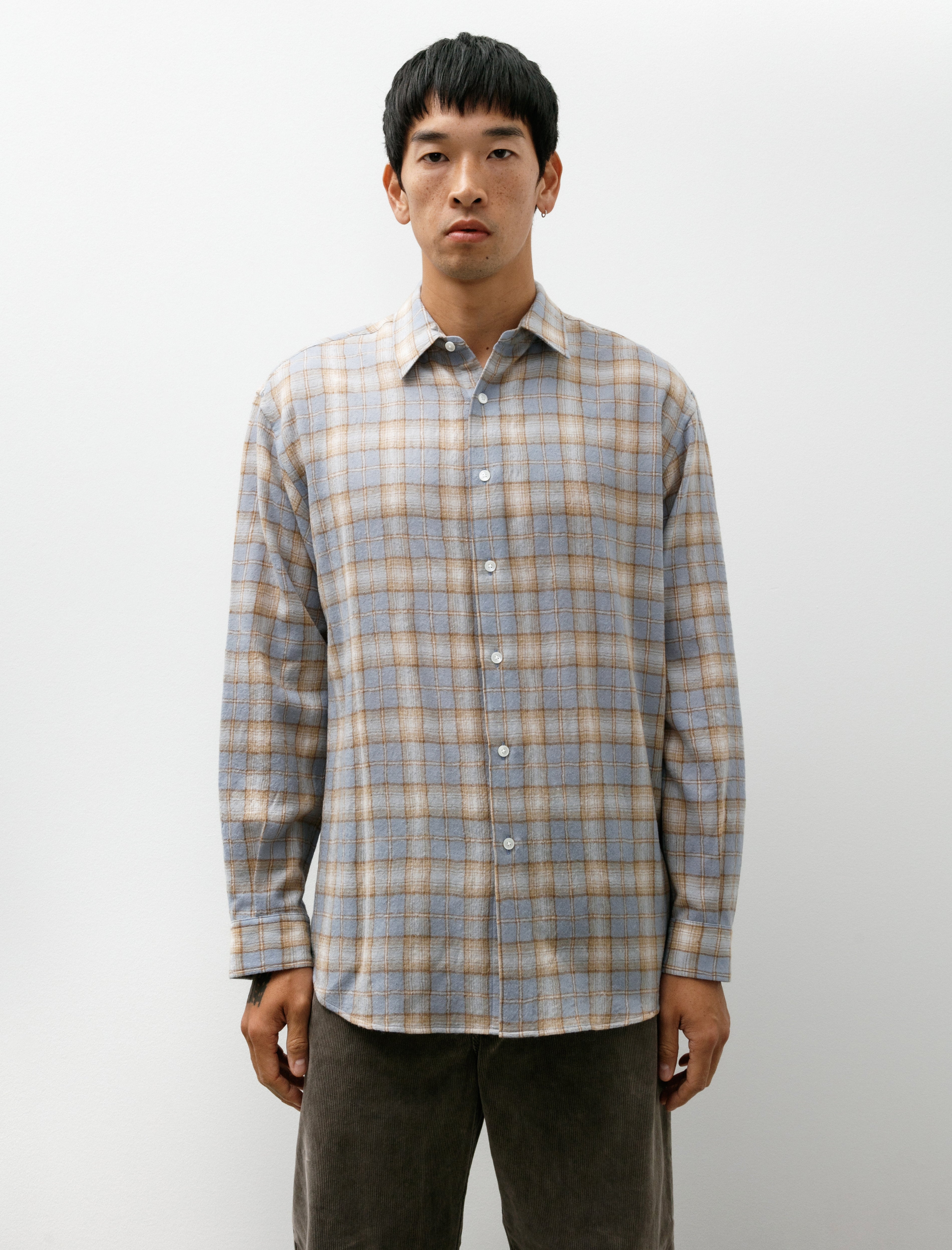 Auralee Airy Wool Check Shirt Light Blue Beige – Neighbour