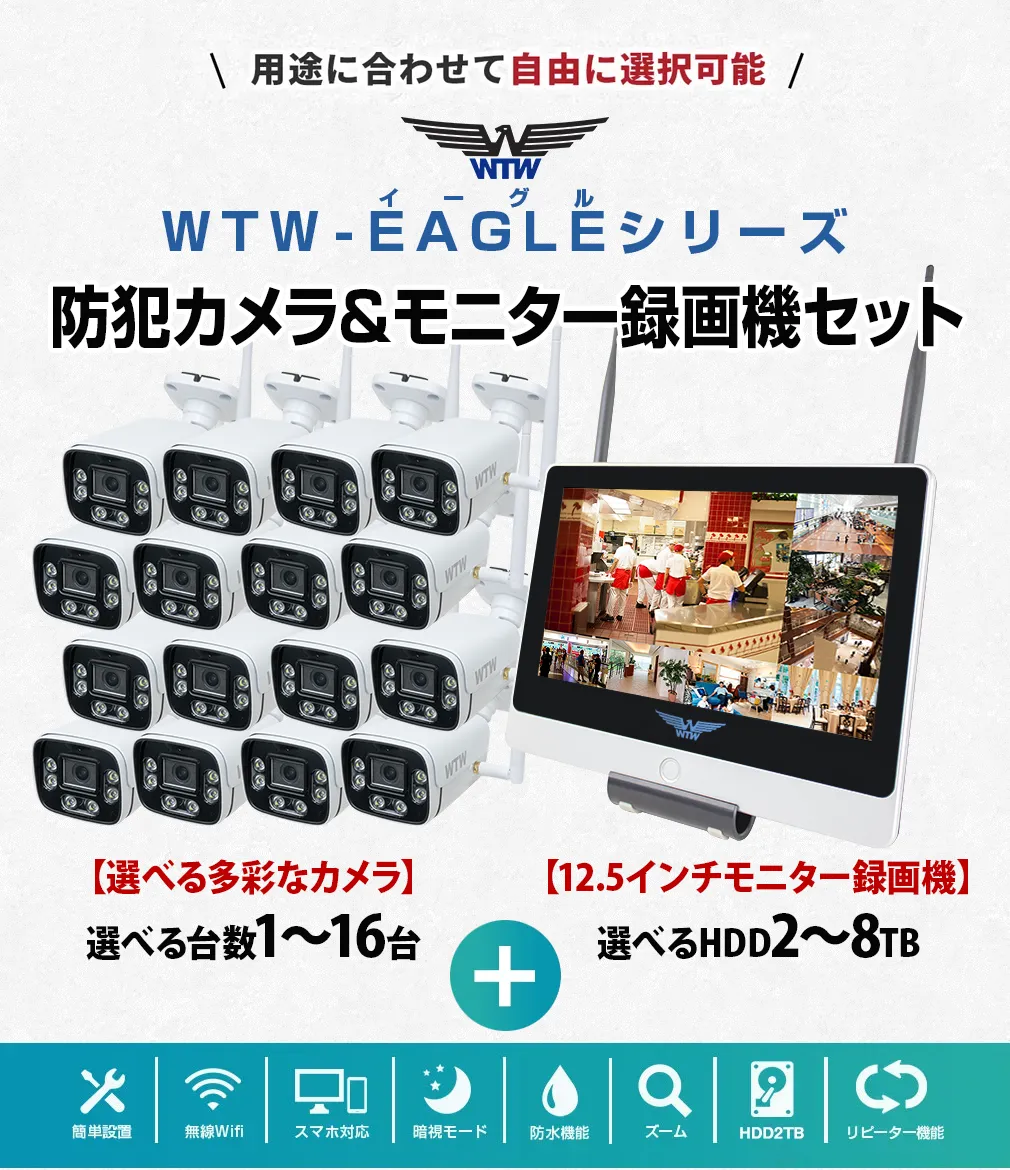 業務用 WIFI 500万画素 監視カメラ 録画機(WTW-EG2616WHAX)とIPカメラ