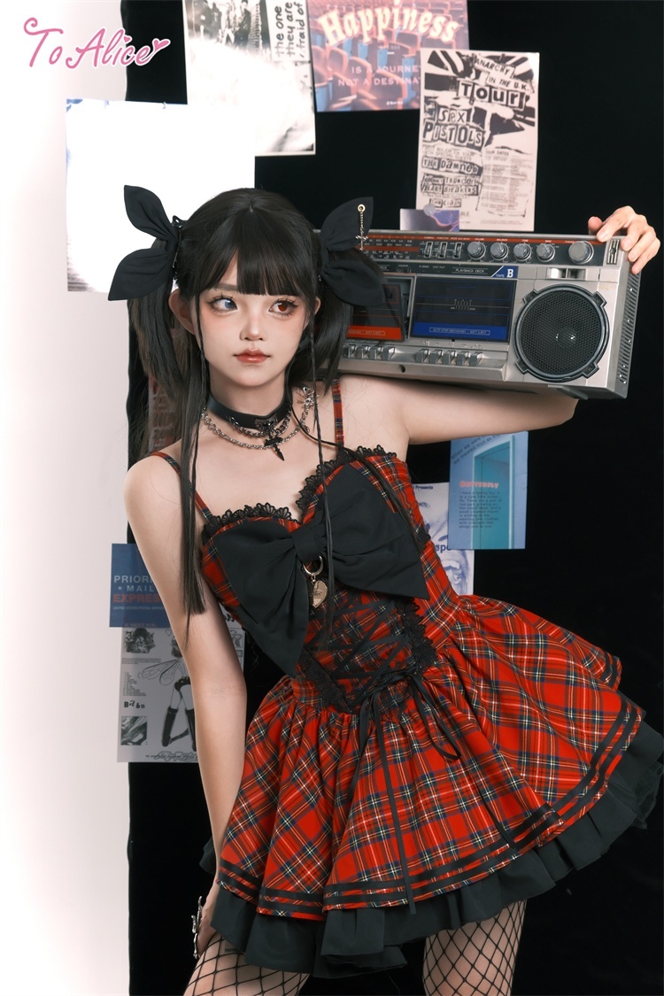 Last one】【ToAlice】L1637タータンチェックビッグリボンジャンパー