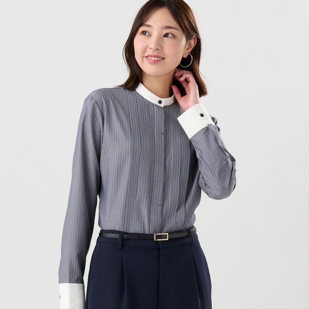 COFREX】 スタンド 配色ブラウス 長袖 レディースデザインシャツ(S