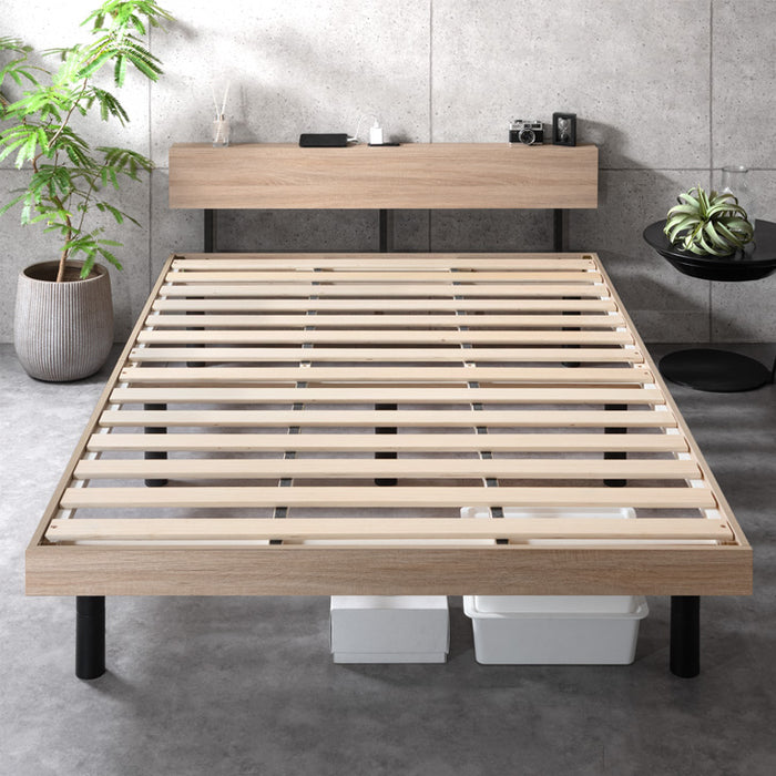 セミダブル］RENEW 宮棚付きベッド 高さ調節OK 2口コンセント付 ベッド