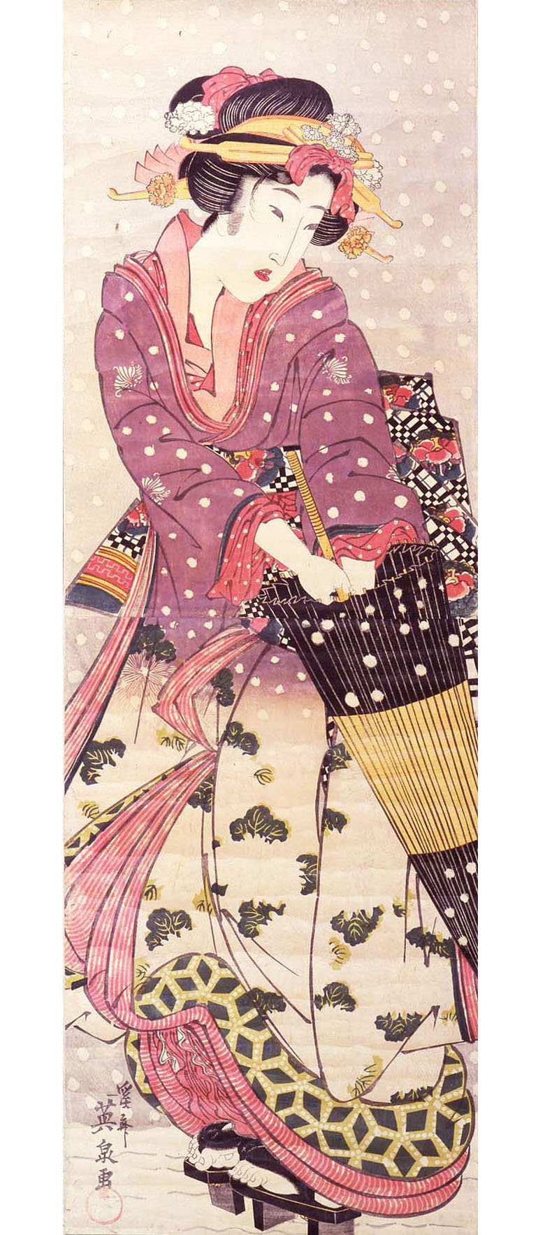浮世絵美人画 男物長襦袢 江戸の風情 手描き時代物 Antique Ukiyoe