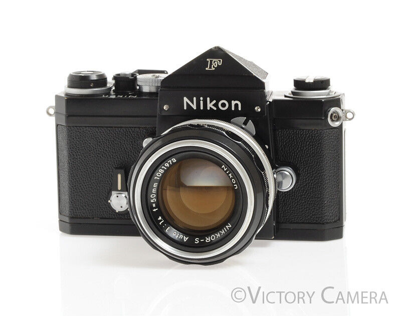 Nikon F Rare Black 35mm Camera w/ Eye Level Finder & 50mm f1.4 Lens -G