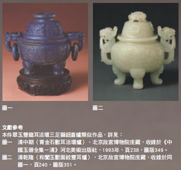 清翠玉雙龍耳活環三足獅鈕蓋爐-宇珍國際藝術| Yu Jen Taipei重要中國瓷