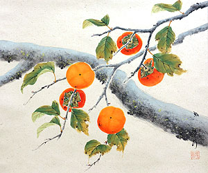 花鳥の掛け軸 中村琴水作 柿に小禽