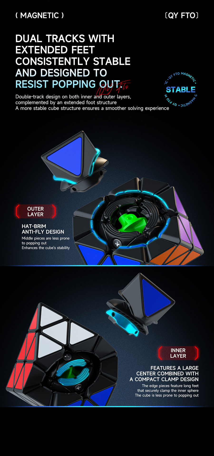 QY 8-Axis Face Turning Tiles Octahedron Magnetic Cube FTO, puzzle