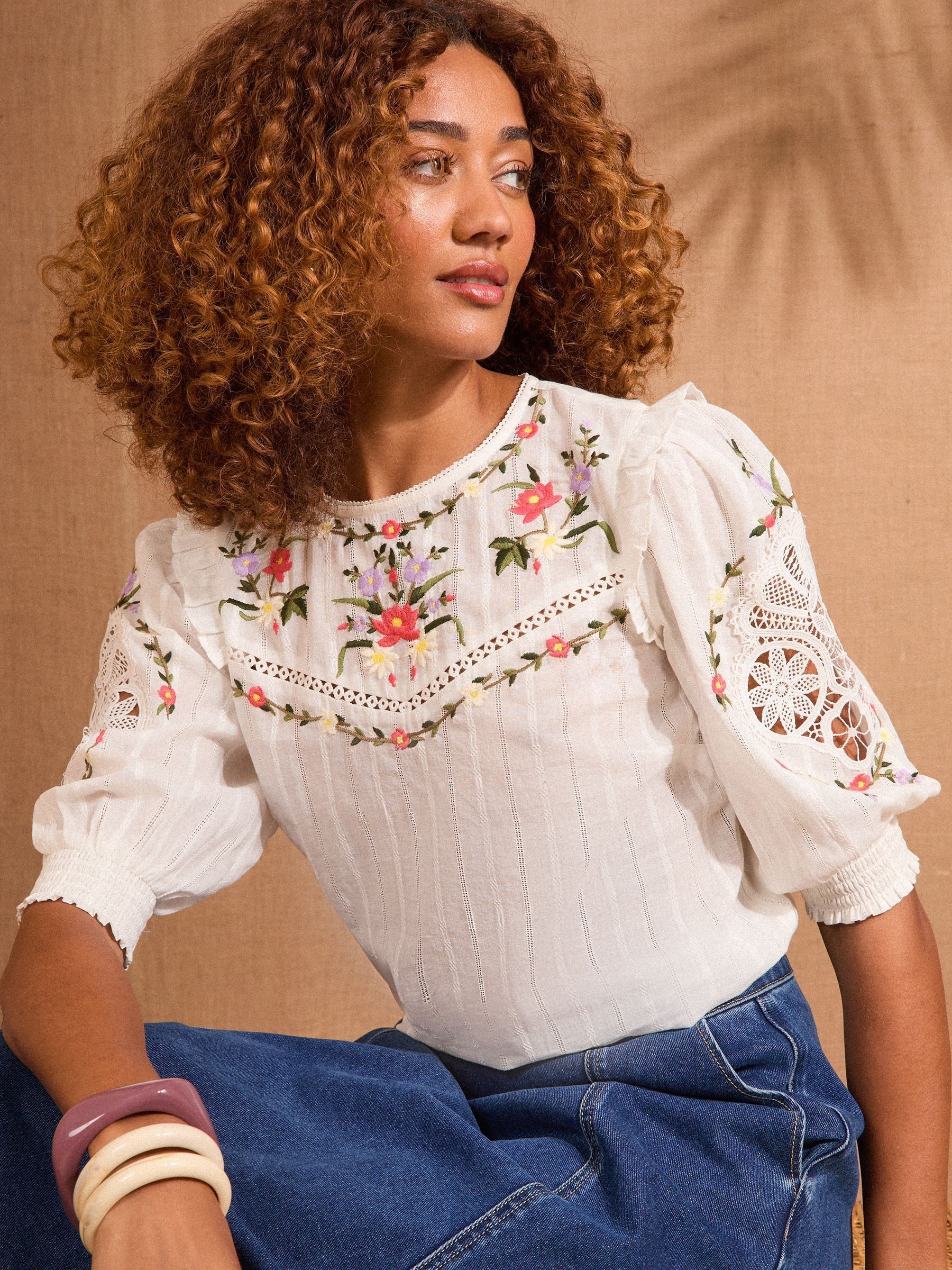 Buy Love & Roses Ivory Crew Neck Crochet Insert Embroidered 3/4