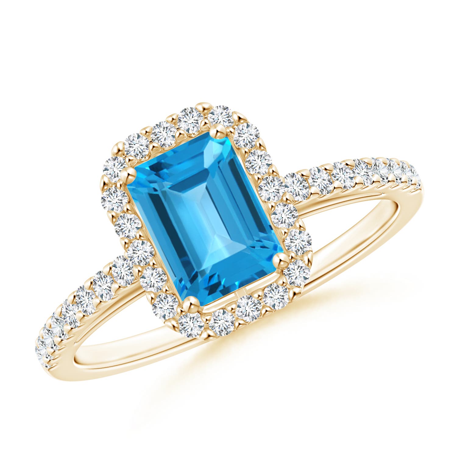 Prong-Set Emerald-Cut Swiss Blue Topaz Halo Ring