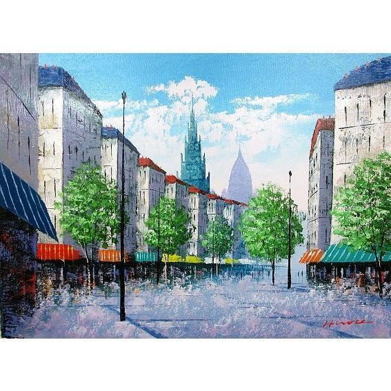 昭和レトロ 油絵 絵画 油彩画 風景画 街並み 雨の日 額装 額入り 額縁