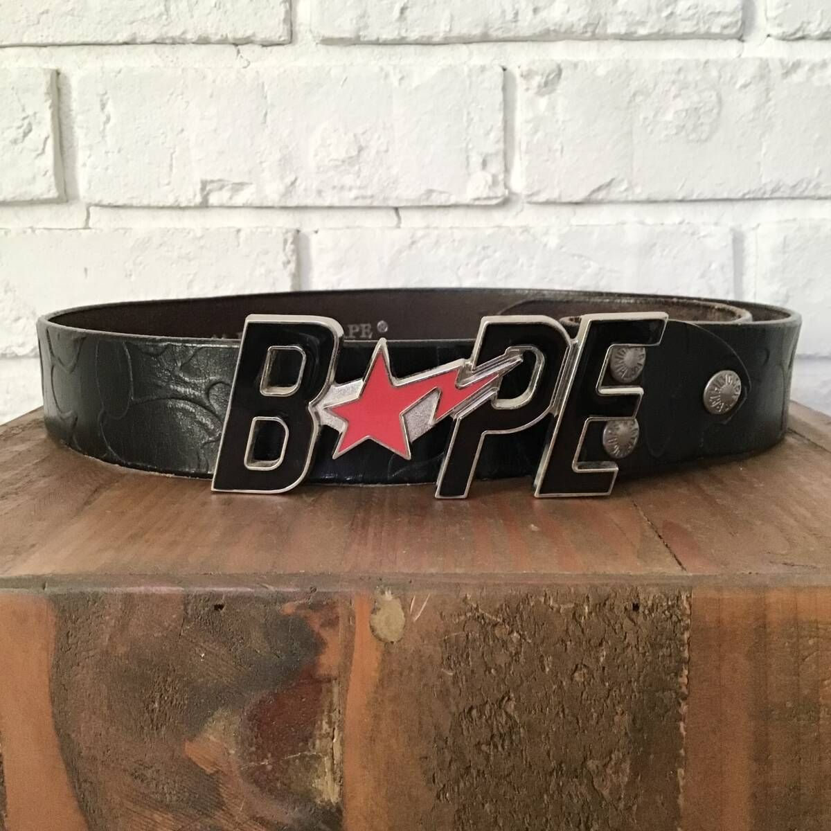 BAPE STA 型押し レザー ベルト Mサイズ ブラック a bathing ape star