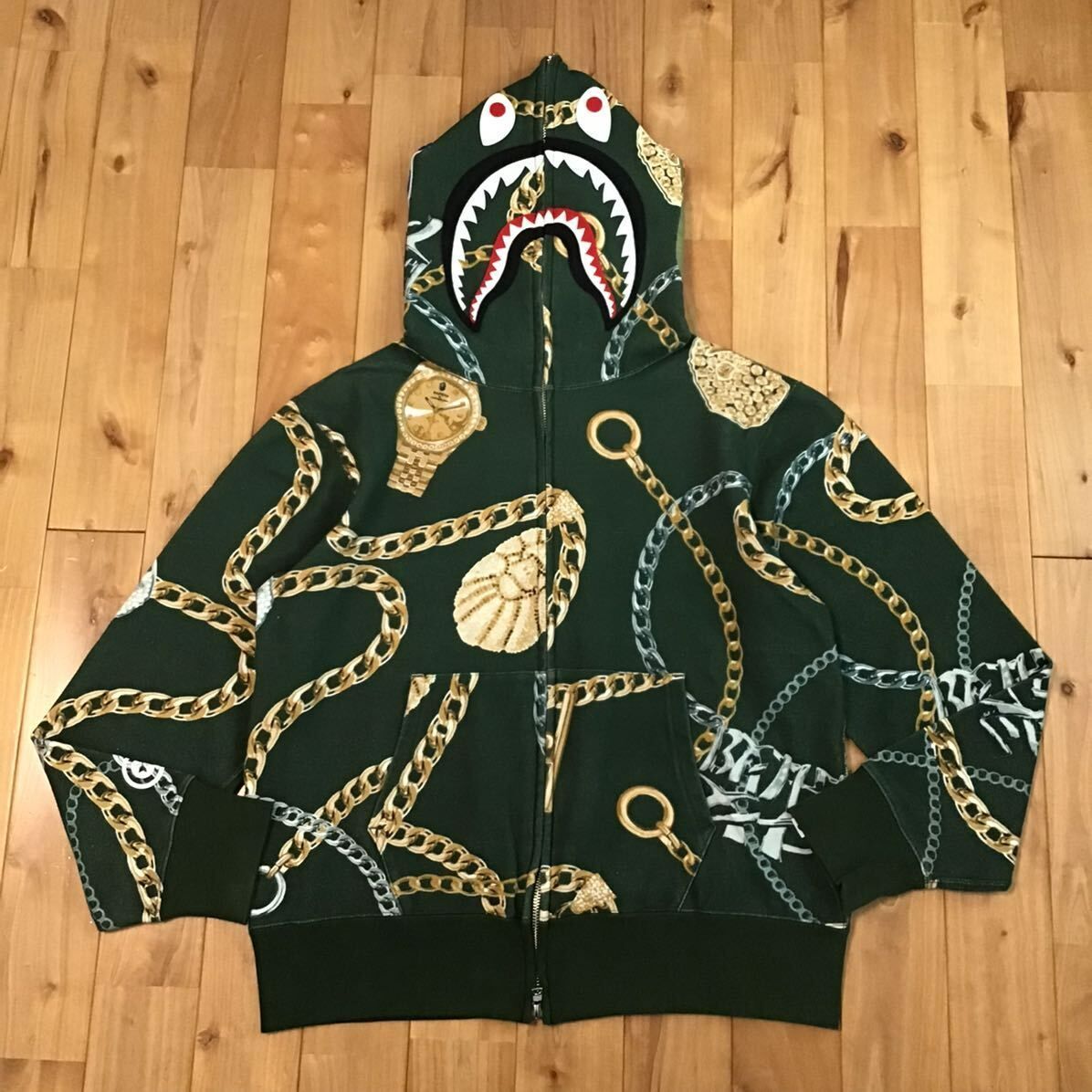 BAPE JEWELS SHARK FULL ZIP HOODIE Mサイズ green a bathing ape