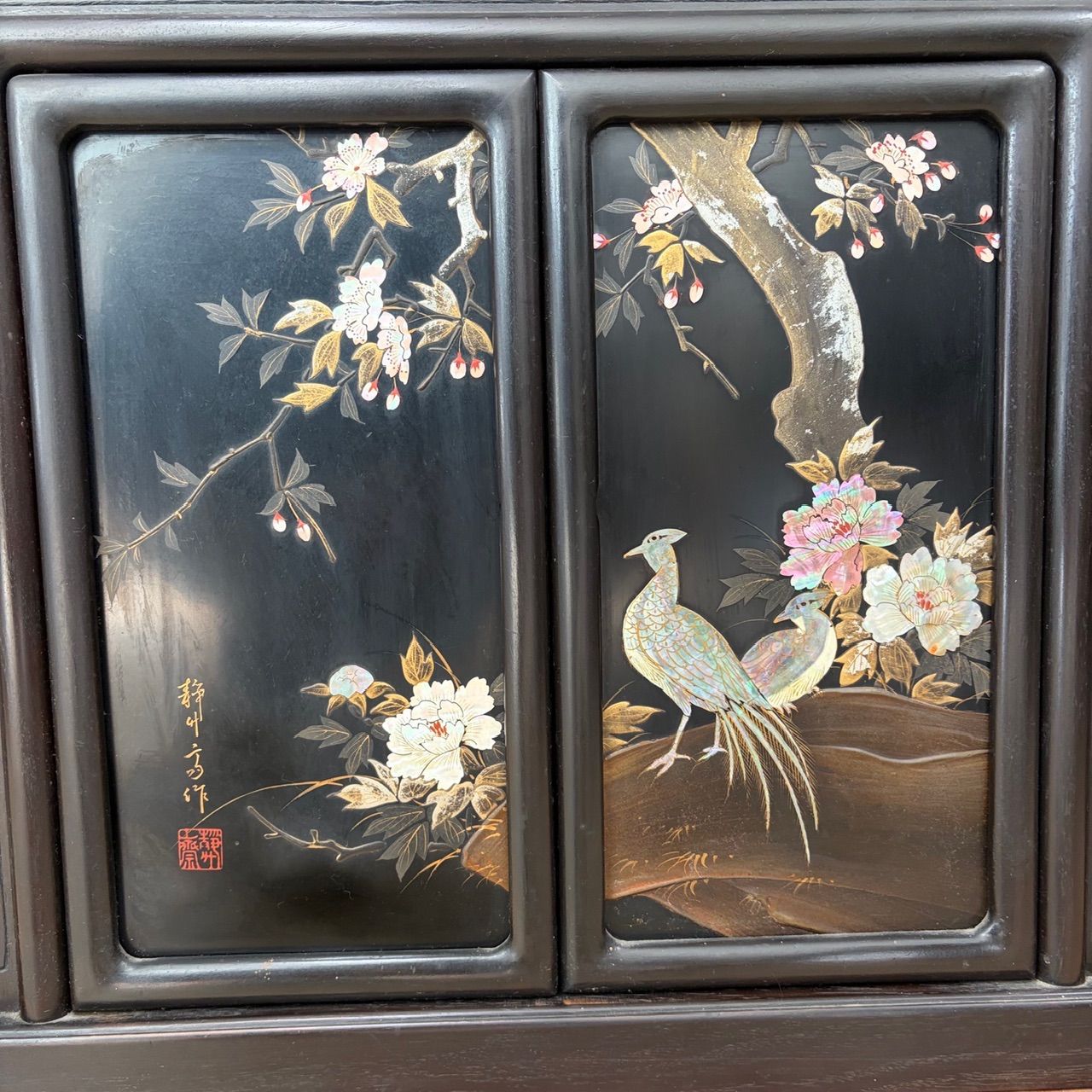 逸品 黒漆 中国美術 青貝螺鈿細工 花鳥図 茶道具 飾り棚/煎茶棚/箪笥 螺鈿