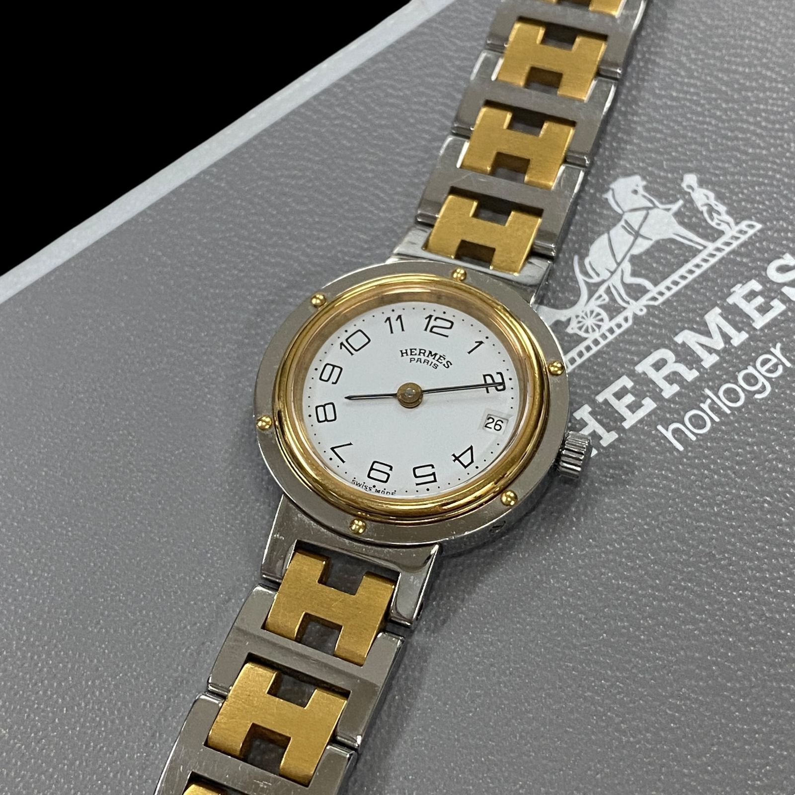 稼働品 美品 HERMES エルメス クリッパー デイト Hベルト コンビ