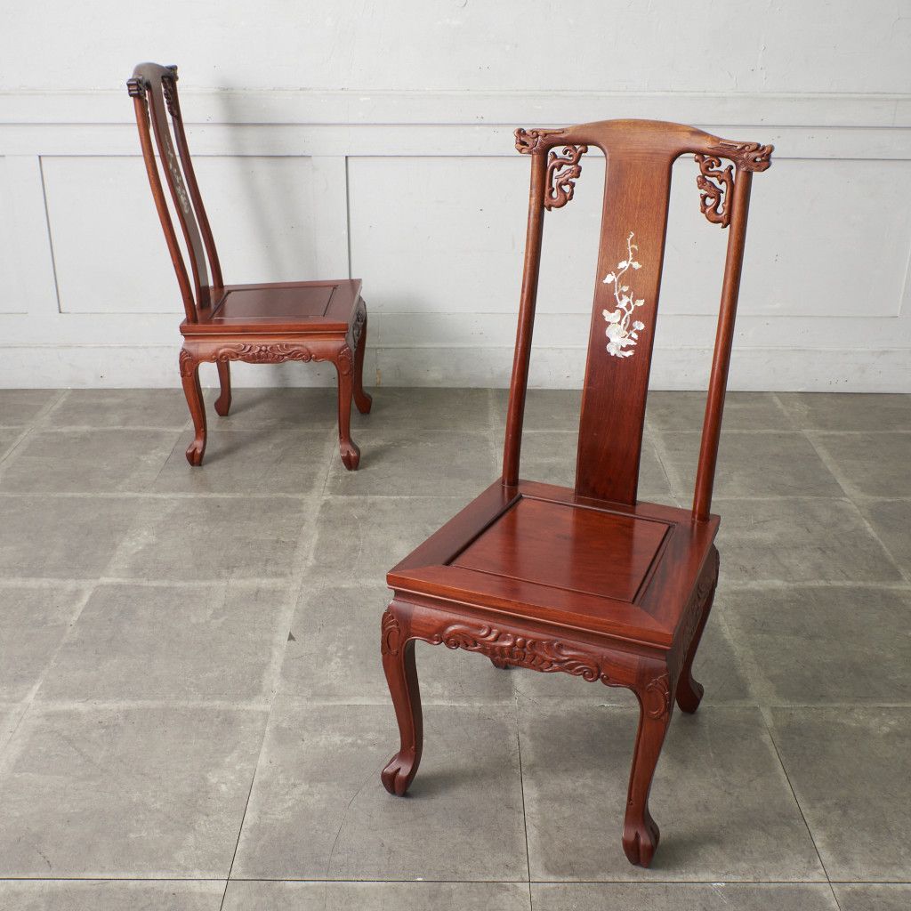 2脚セット 螺鈿細工 花梨 ダイニングチェア 中国美術 椅子 透かし彫り