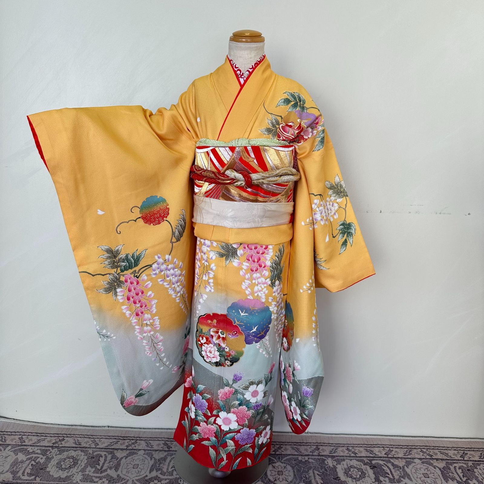 七五三 7歳女の子着物 黄色 長襦袢 帯セット 帯揚げ帯締めしごき付き