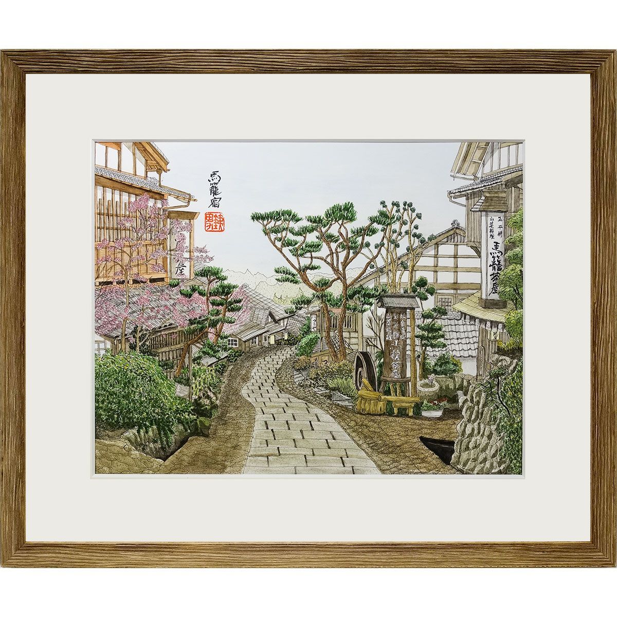 港の風景 水彩画 金色フレーム付き F6サイズ 港の風景 水彩画 金色