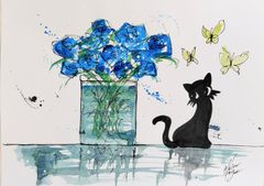 原画#382 黒猫 猫 薔薇 花 蝶 水彩画 ドローイング イラスト 絵 アート