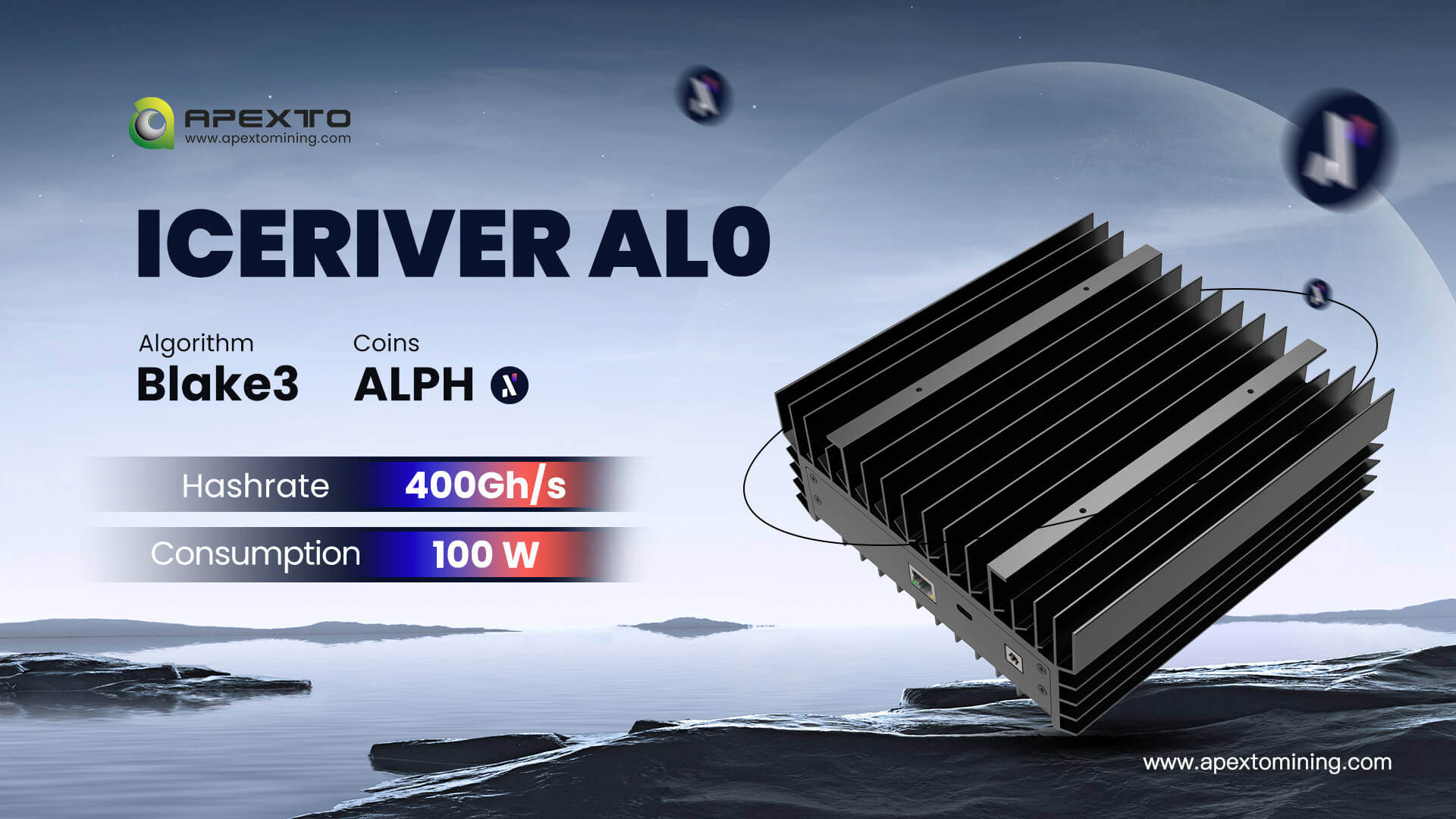 IceRiver ALPH AL0 400GH/S 100W Alephium Miner ALPH Mining - Apexto