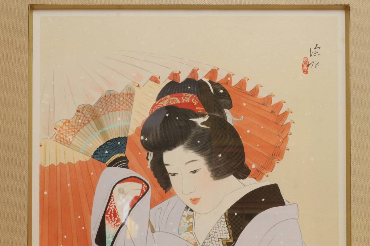 K417 伊東深水 リトグラフ 「雪」 80/280 額装 シルクスクリーン