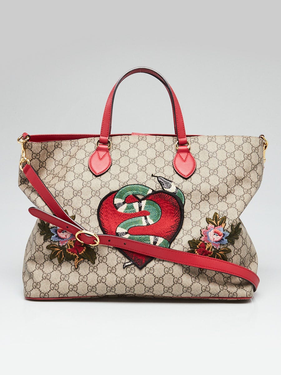 Gucci Beige GG Coated Canvas Supreme Embroidered Heart Snake Tote