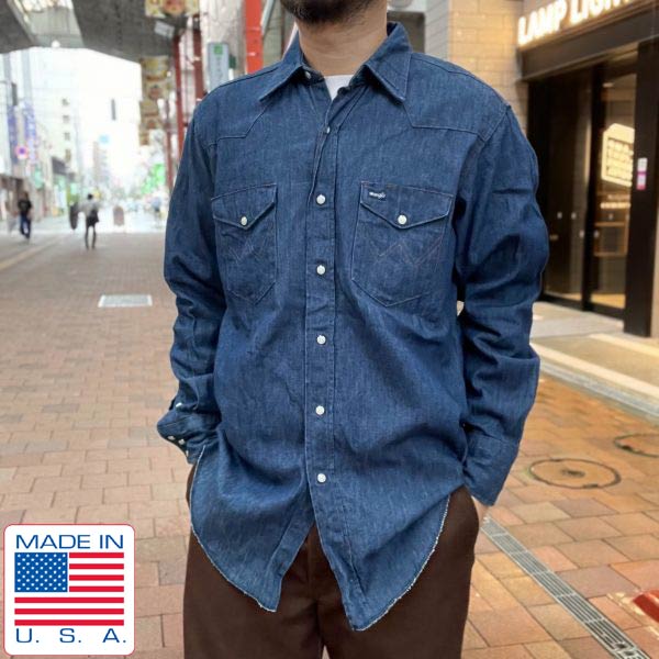 80s USA製 Wrangler ラングラー デニム ウエスタンシャツ 濃紺 16-1/2