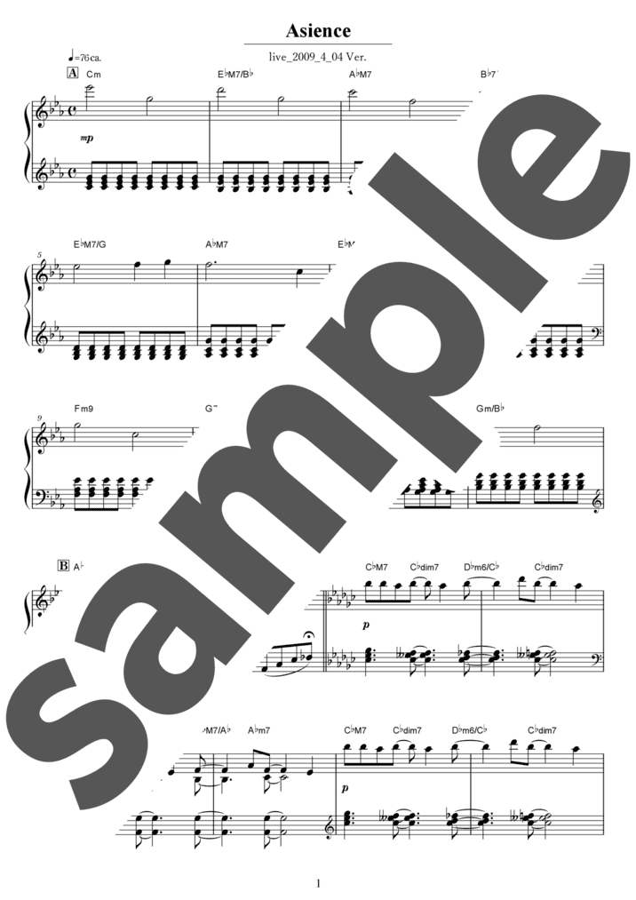 ピアノ楽譜】Asience / 坂本龍一 （ソロ / 中級）