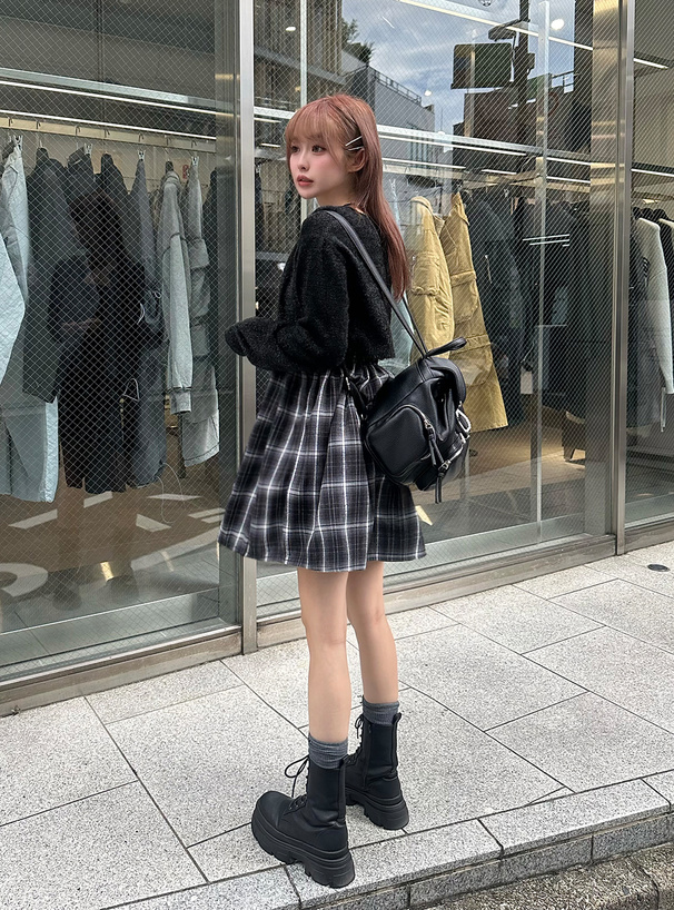 チェック柄シャーリングミニワンピース[dk1311] | レディース