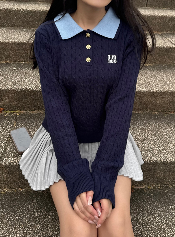 ダブルカラーケーブル編みニットトップス[kz718] | レディース