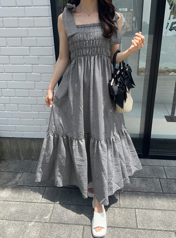 チェック柄ショルダーリボンワンピース[on266] | レディース