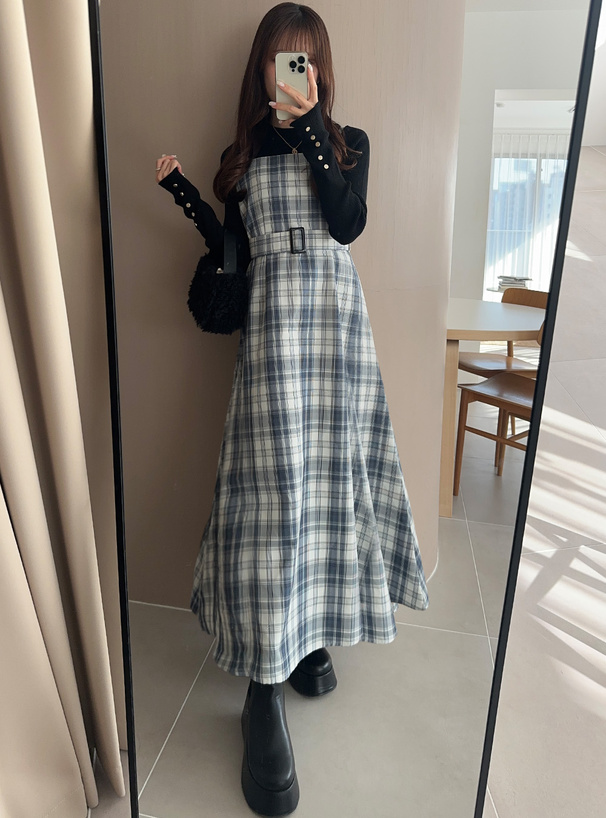 ベルト付きチェック柄フレアキャミワンピース[tg762] | レディース