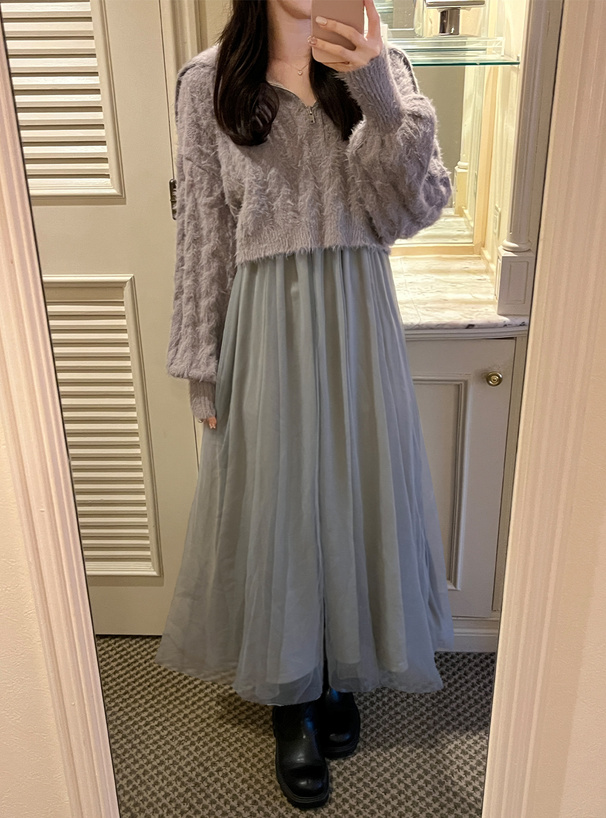 シャギーニットジップトップス×チュールワンピースセットアップ[tt019